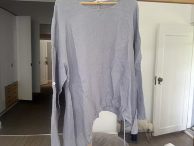 Linen Top with Curved Hem and Drawstring Detail