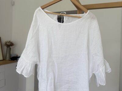 Pretty Linen Top with 3/4 Frilled Sleeve & Tie Detail at Back