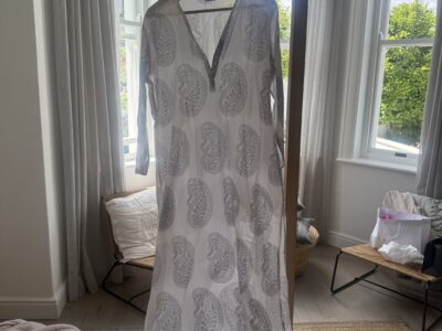 Floaty Long White Cotton Viscose Dress with Paisley Print