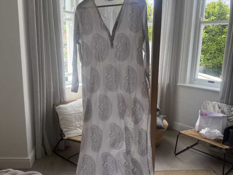 Floaty Long White Cotton Viscose Dress with Paisley Print
